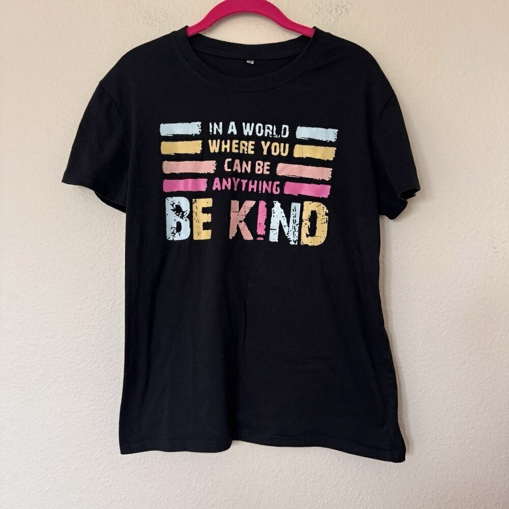 Be Kind Shirt Womens Small Black Short Sleeve Graphic Tee Pink Blue